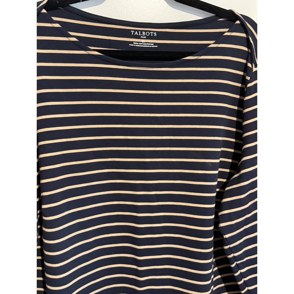 Talbots Tee Women's Plus 2X Navy & Tan Striped Long Sleeve Cotton T-Shirt